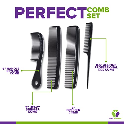 Mars Wellness 4 Piece Professional Comb Set Black (Pack of 2) - Premium Quality Hair Styling Tools