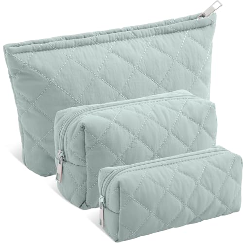 3-Piece Quilted Puffy Makeup Bag Set - Soft Travel Toiletry Pouch Organizer