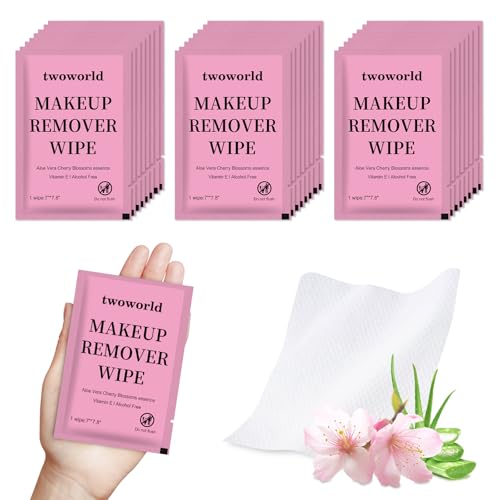 100 Pack Travel Makeup Remover Wipes - Individually Wrapped, Aloe Vera & Cherry Blossom Scent