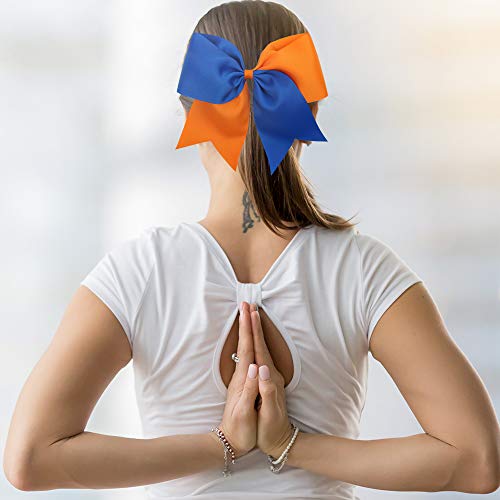16PCS 8" Cheer Hair Bows - Royal Blue/Orange Ponytail Holders
