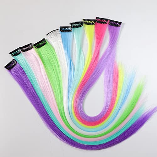 Glow in the Dark Clip-in Hair Extensions - 10 Colorful Pieces, 22 Inch