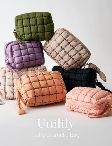 Unilily Quilted Puffy Cosmetic Bag - Large Travel Makeup Pouch