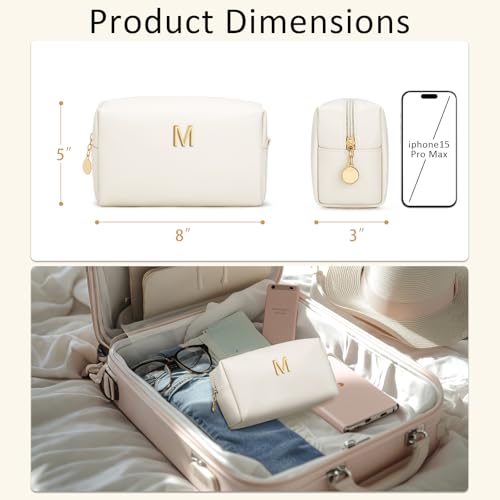 Beige Initial Makeup Bag - Personalized PU Leather Cosmetic Bag