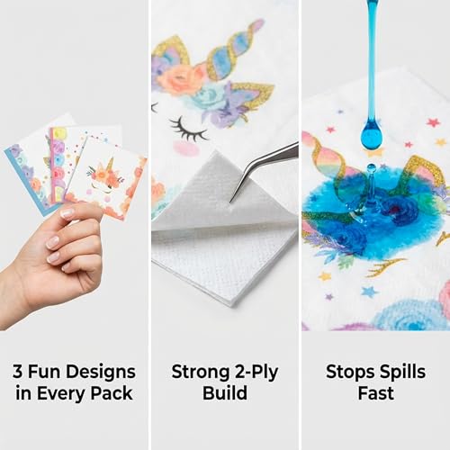 Unicorn Napkins 60 Pack - Pastel Pink, Purple, Blue Designs