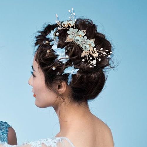 4-Piece Sage Green Bridal Hair Comb and Pin Set with Pearl Floral Accents