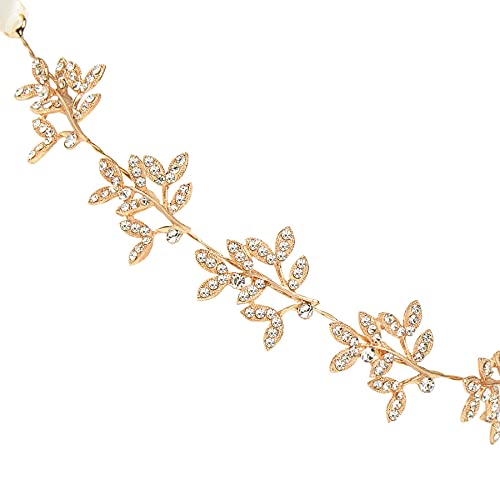 BABEYOND Gold Bridal Headpiece Handmade Wedding Hair Vine with Crystals & Lace Ribbon