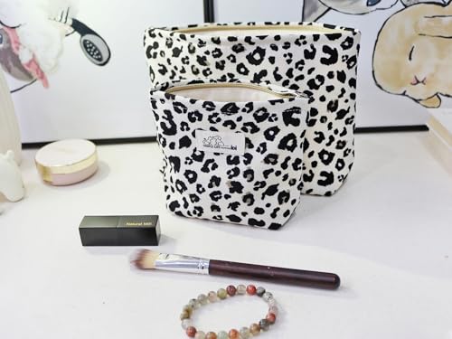 HAPPYHEIDI Large White Leopard Makeup Bag Set - 2 Travel Pouches