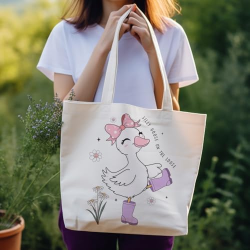 Silly Goose Canvas Tote Bag with Inner Pockets - Reusable Lunch & Grocery Bag