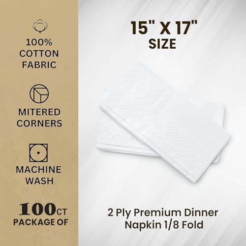 2 Ply Premium White Dinner Napkins - 100 Count, 15" x 17"