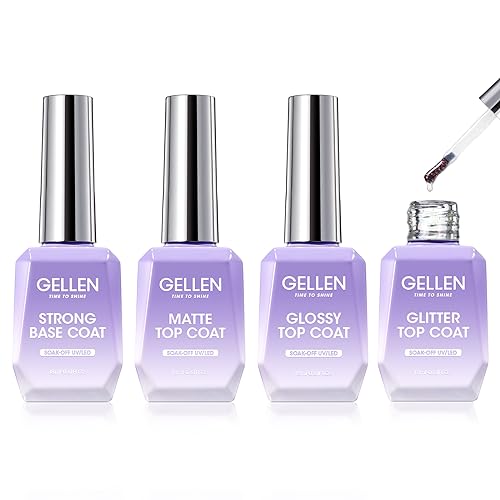 Gellen Gel Nail Polish Base and Top Coat Set - 4 Piece Matte, Glossy, Glitter
