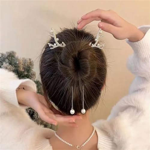 Reindeer Christmas Hair Clips 2Pcs, Ponytail & Bun Holders, Rhinestone Pearl Design