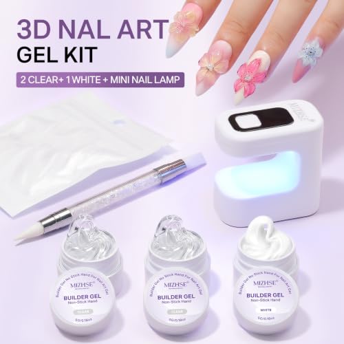 MIZHSE 3D Gel Nail Art Sculpting Kit with Clear, White & Lamp - Professional DIY Manicure Set