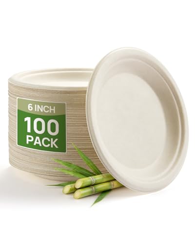 6-Inch Heavy Duty Compostable Sugarcane Plates, 100-Pack