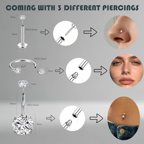 VANGOT 12pcs Piercing Tool Kit 14G-20G Ball Grabber Threadless Earring Inserter