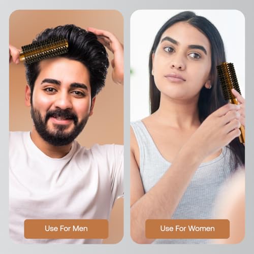 RUBAB MEN Round Hair Brush with Natural Bristle & Wooden Handle