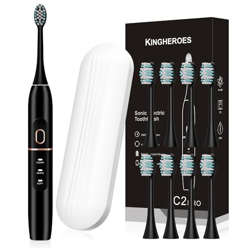 Kingheroes Black Electric Toothbrush Set with 8 Replacement Heads, Travel Case & 4 Modes