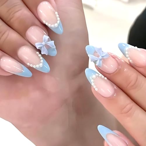 24Pcs Blue French Tip Press On Nails with 3D Bow Design