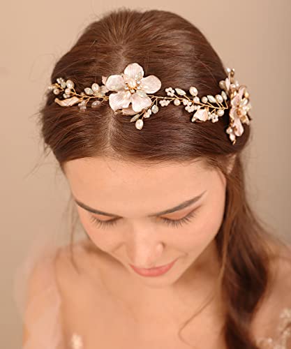Xerling Gold Opal Crystal Flower Hair Vine for Brides & Girls