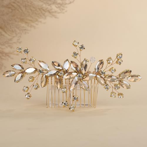 Champagne Crystal Gold Hair Comb for Women - Handmade Bridal Headpiece