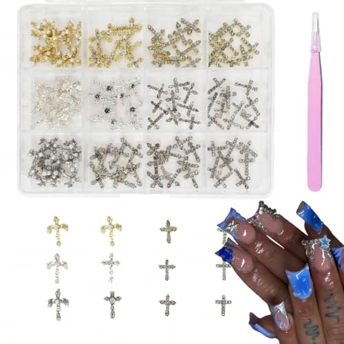 KINGNAME 120 PCS 3D Cross Nail Charms Kit Gold Silver Rhinestone