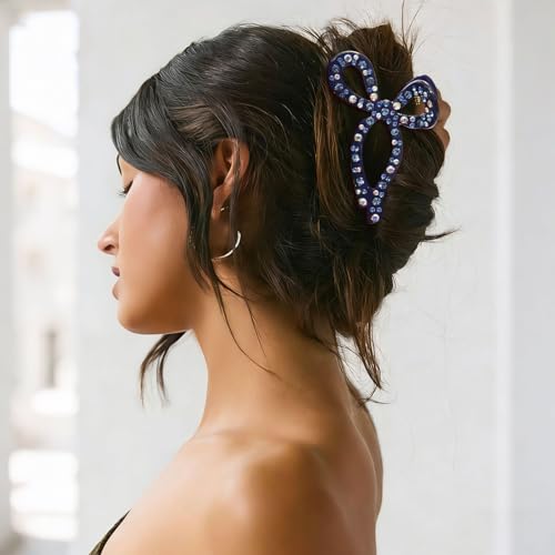 AWAYTR Navy Rhinestone Bow Claw Clip for Thick Hair, 4.3"