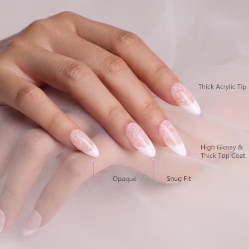 MOKAYIMO Handmade White Lace French Tip Press On Nails, Size L