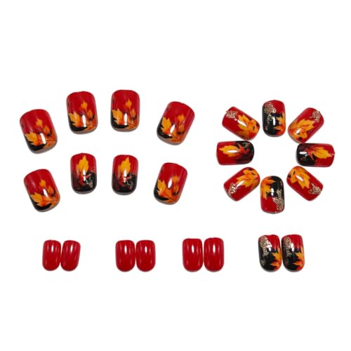 Fall Press on Nails Short Square Maple Leaves Glitter Design Glossy Fake Nails 24Pcs