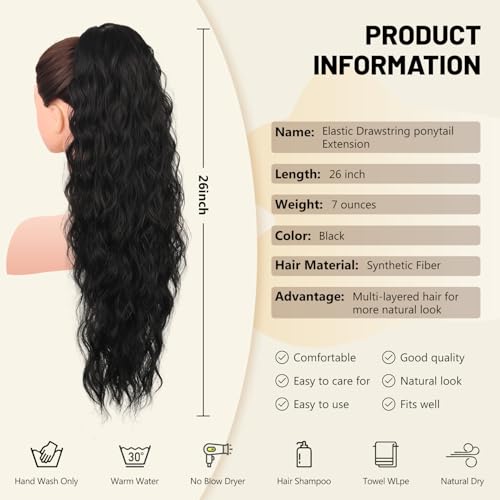 LEEONS 26 Inch Black Wavy Drawstring Ponytail Extension for Women
