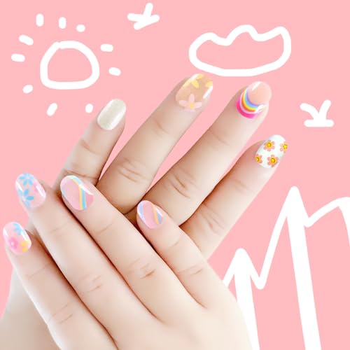 Laza 120pcs Rainbow Flower Press On Nails Kit for Kids