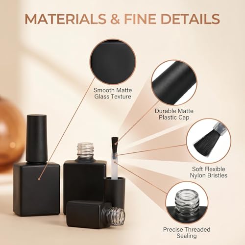 UPSTORE 6 Pack 10ml Matte Black Glass Nail Polish Bottles with Brush, Travel-Friendly