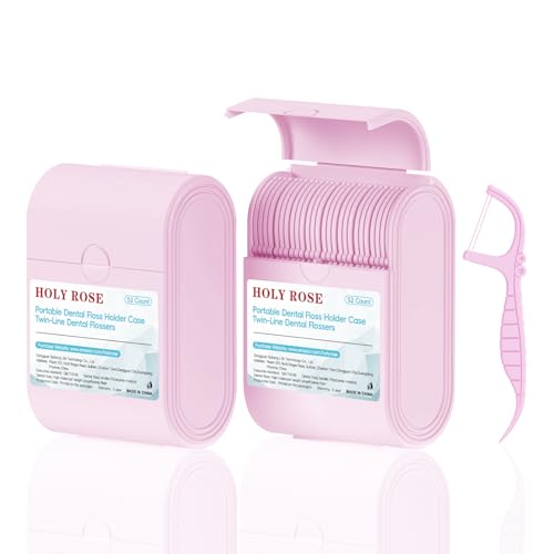 Holy Rose Pink Dental Floss Picks Travel Case 2 Pack, 104 Mint-Flavored Flossers