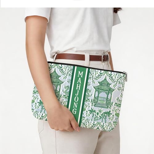 Multicolor Green Chinoiserie Mahjong Tile Bag with Makeup Storage - Blue Leaves
