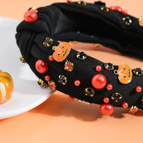 Black Pumpkin Headband for Halloween | Gothic Pearl & Rhinestone