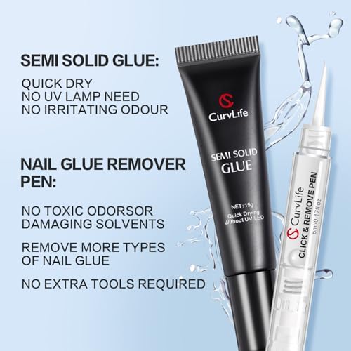 Curvlife 15g Nail Glue Gel & 5ml Remover Pen - Quick Drying, No UV Needed