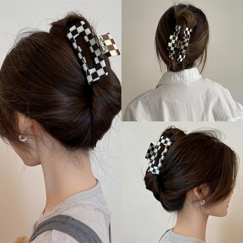 Large Checkered Hair Claw Clips - 4 Pack Acrylic Barrettes for All Hair Types