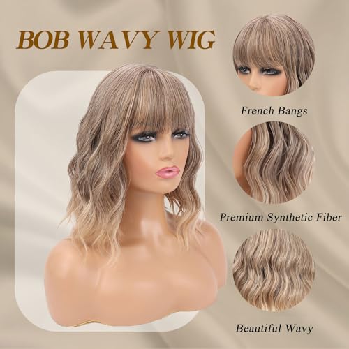 ATAYEA 14-Inch Short Wavy Bob Wig with Bangs - Honey Blonde Synthetic Hair
