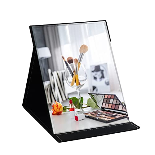 Extra Large Portable Folding Makeup Mirror with Stand - 12x9 Inch Black PU