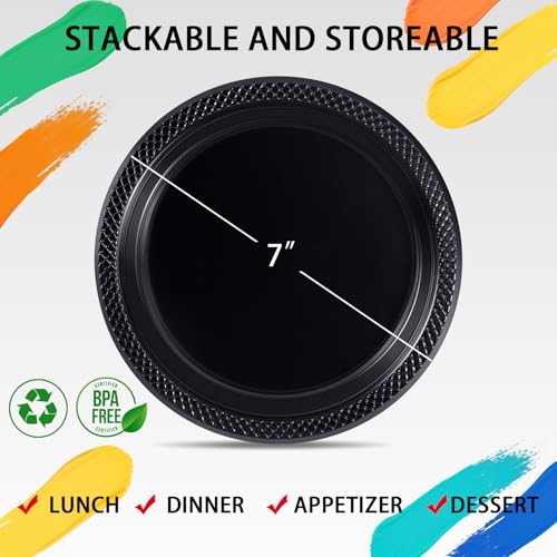 WELLIFE 7 Inch Black Plastic Plates - 50 Count Disposable Dinner Plates