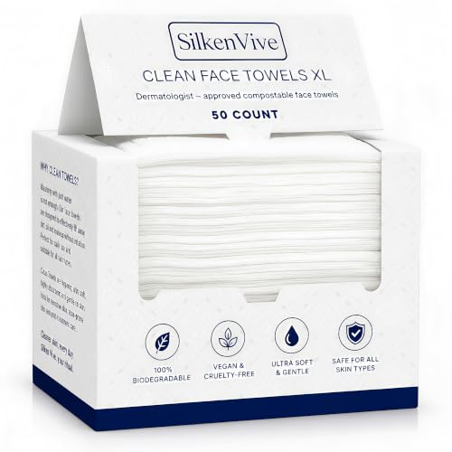 SilkenVive XL Disposable Face Towels - Ultra Soft Makeup Remover Cloths (50 Count)