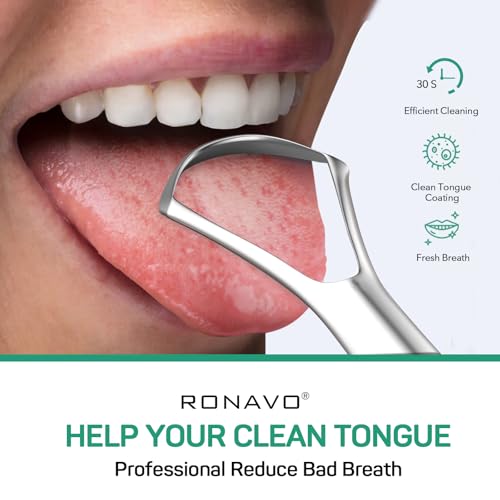 RONAVO Family Pack Tongue Scrapers for Adults & Kids - 2 Colors, 4 Pack, Stainless Steel Oral Hygiene Tool