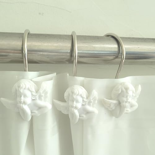 TwoFish White Angel Shower Curtain Hooks Set of 12 - Anti-Rust Decorative Resin
