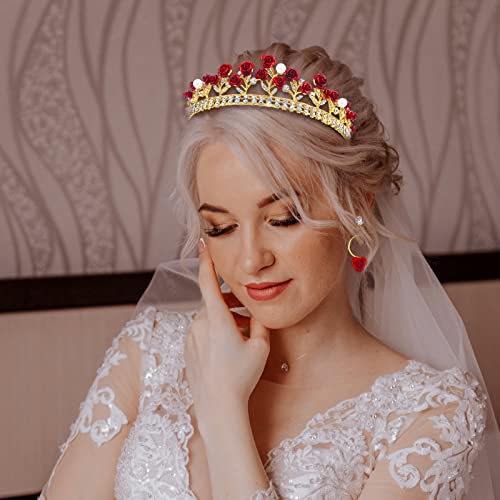 Aswewamt Red Bridal Rose Crown Headband and Earrings Set - Gold Flower Wedding Jewelry