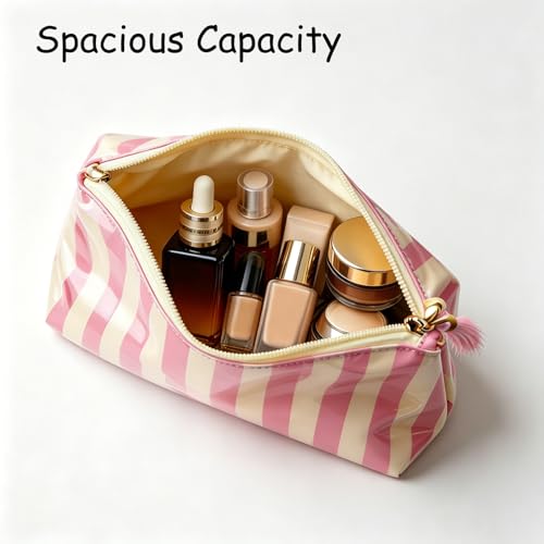 AUONY Waterproof Travel Makeup Bag - Pink & Beige Striped Cosmetic Pouch