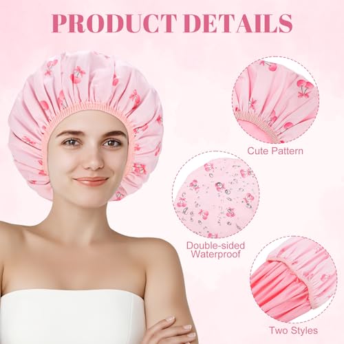 Pengxiaomei Cherry Double-Sided Shower Cap - Reversible Pink waterproof cap, 32cm