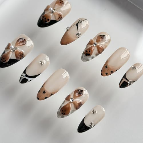 MABKJLF M-A14 Luxury Short Almond Press-On Nails with 3D Designs - Reusable Fake Nails with Rhinestones & French Tips, Glossy Brown, Thick Acrylic, Complete Nail Kit
