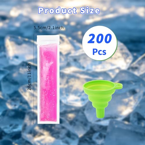 200 BPA-Free Disposable Ice Popsicle Bags with Funnel - 11x2 Inch