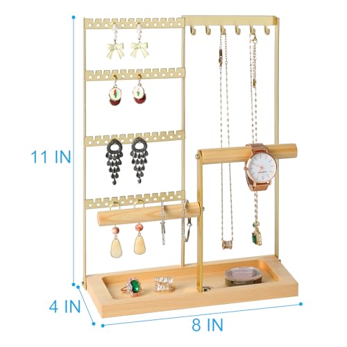 Gold Jewelry Organizer Stand - 4 Tier Earring Holder with Necklace Hooks