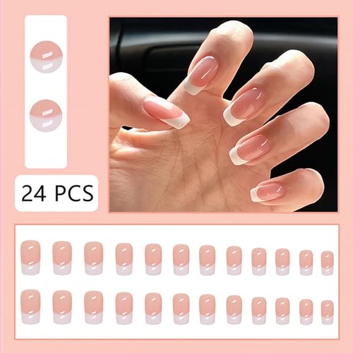 24PCS White French Tip Press-On Nails - Short Square Reusable Acrylic