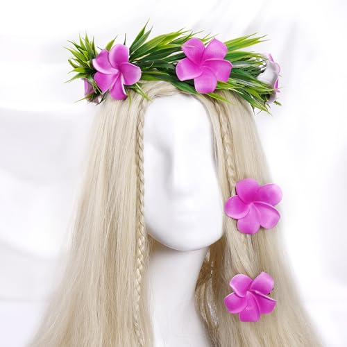 KorViSHOW Hawaiian Flower Crown Headband 3Pcs Pink A, Floral Hair Accessory Set