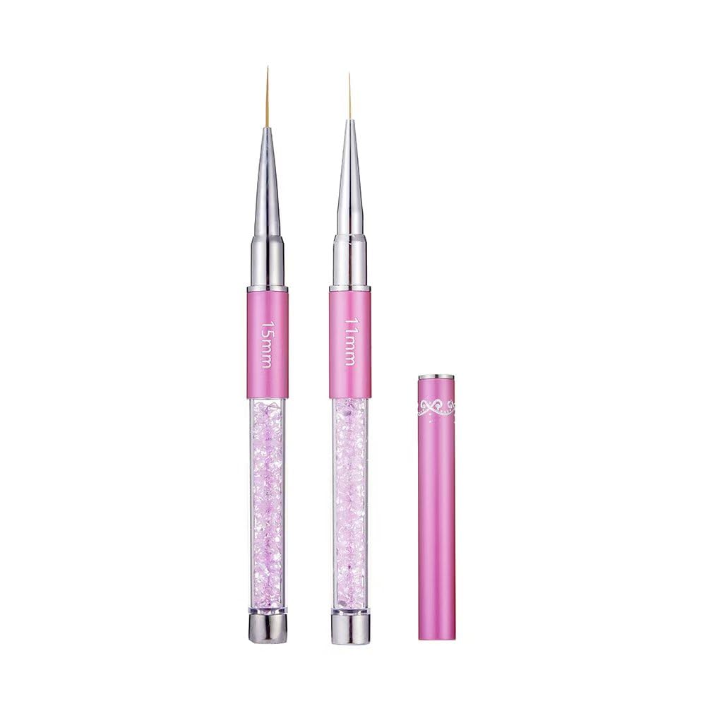 2Pcs Super Fine Nail Art Liner Brush Set, Size 11mm & 15mm Nail Striper Brushes with Purple Crystal Handle, Professional Fine Detail Nail Brushes for Gel Polish French Manicure Intricate Designs